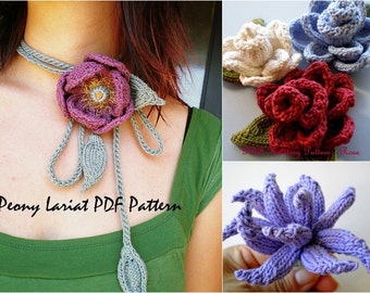 PDF Flower Knitting Pattern Set - Peony Lariat, Rose, Aster