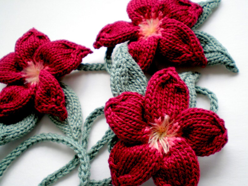 Instant Download 3 PDF Knit Flower Pattern Set Plumeria Lariat, Lily Lariat, Red Blossom Lariat image 4