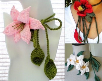 PDF Knitting Pattern Set - Plumeria Lariat, Lily Lariat, Red Blossom Lariat