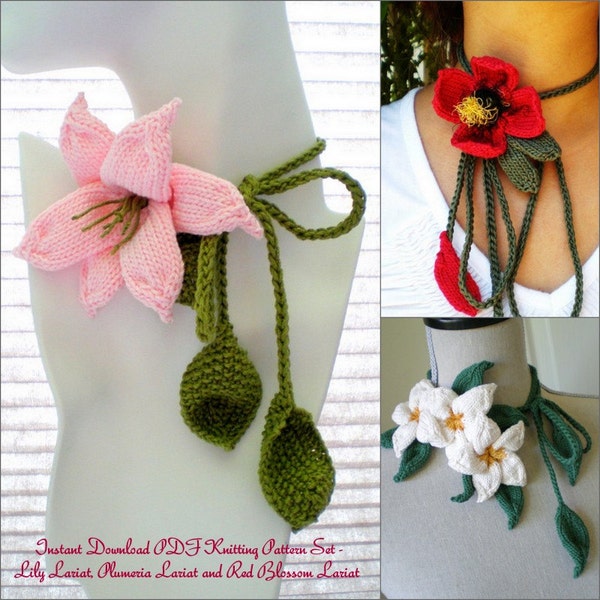 Instant Download 3 PDF Knit Flower Pattern Set - Plumeria Lariat, Lily Lariat, Red Blossom Lariat