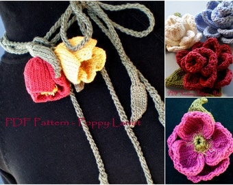 PDF Knitting Pattern Set - Poppy Love Lariat, Peony Flower, Rose Flower