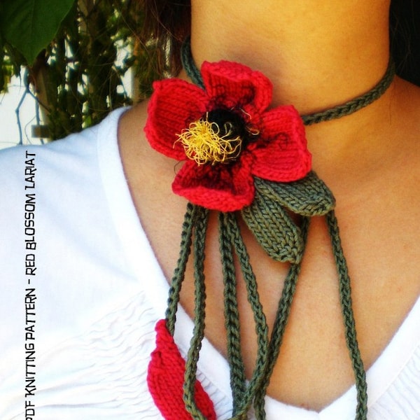 PDF Knitting Pattern - Knit Flower Necklace - Red Blossom Lariat