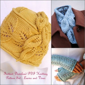 May include: A knitting pattern set for a hat, scarf, and fingerless gloves. The pattern features a leaf and vine design. The hat is yellow, the scarf is blue, and the gloves are blue.