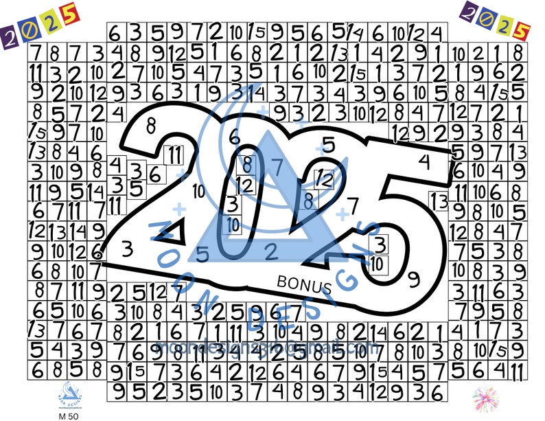 Op de afbeelding: Een zwart-wit printbaar spelbord met de nummers 2025 in de bovenste hoeken. Het bord is gevuld met de nummers 1-12 en de nummers 2025 zijn gemarkeerd in een blauwe driehoek. Het spelbord is getiteld "Bonus" en heeft een klein beeld van een bloem in de rechterbenedenhoek.