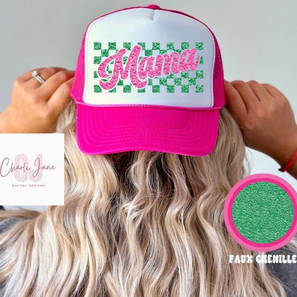 Mama Pink/Green Checkered Faux Chenille PNG