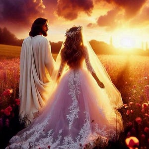 May include: A bride in a white lace wedding dress with a long veil walks hand-in-hand with a man in a white robe. They are walking through a field of flowers towards a sunset.