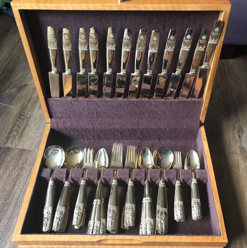 132pcs Vintage Thai Bronze Flatware Set in Storage Boxes Etsy