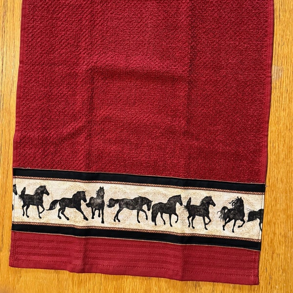 Kitchen Hand Towel - Red with Dark Brown Horses