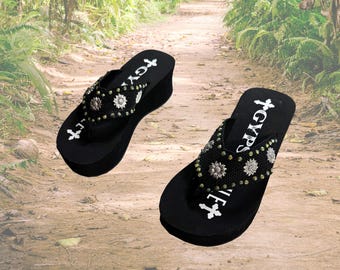 Black Sandals with Silver Sunflowers and Yellow AB Rhinestones Border- Size 6 - 2 inch heel