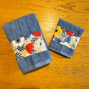 Kitchen Set in Bright Blue with Vivid Flowers - Towel and Dish Cloth - sold together or separately
