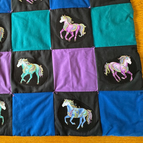 Sparkling Horses Handmade Baby Quilt in Purple, Teal and Blue, Baby Blanket, Baby Keepsake, Baby Gift, Shower Gift, Crib Blanket