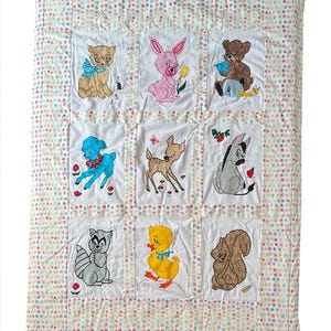 Baby Animals Handmade Appliqued Baby Quilt with Polka Dot Background, Baby Blanket, Baby Keepsake, Baby Gift, Shower Gift, Crib Blanket