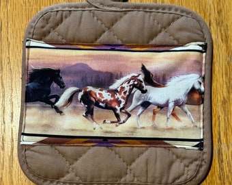 Kitchen Set - Tan with Colored  Running Horses - Towel, Wash Cloth, Pot Holders, Oven Mitt, Dish Dryer Mat - Also Sold Separately