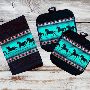 Kitchen Set in Black with Running Horses on Turquoise Background - Towel and 2 Pot Holders.  Items sold individually as well.