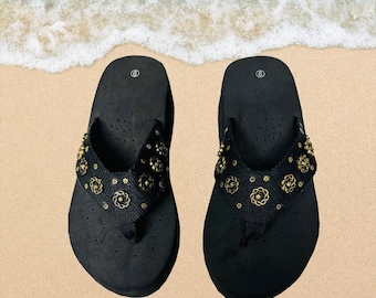 Black Sandals with Antique Brass Woven Circle and Brass Beads, Size 9 - 1  1/2 inch Heel