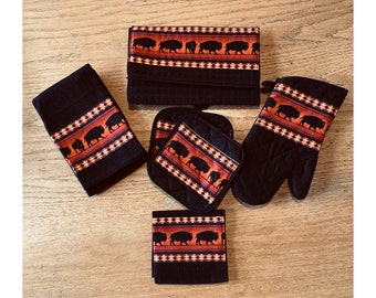 Kitchen Set - Black with Running Buffalo on Graduated Orange Red Background - Towel, Wash Cloth, Pot Holders, Oven Mitt, Dish Dryer