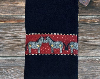 Black Kitchen Towel with Gray Ponies on Red Background