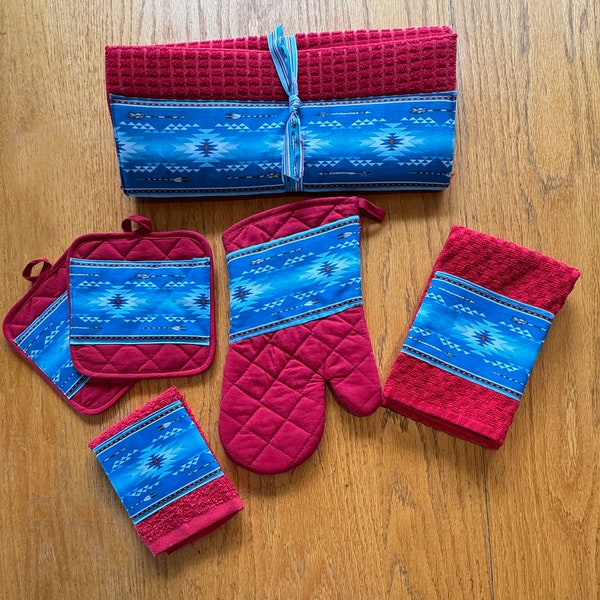 Kitchen Set - Red with Blue Navaho and Feathers Print- Towel, Wash Cloth, Pot Holders, Oven Mitt, Dish Dryer Mat - Also Sold Separately