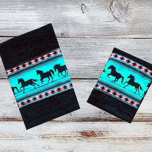 Kitchen Set in Black with Running Horses on Turquoise Background - Towel and Dish Cloth.  Items sold individually as well.