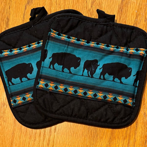 Kitchen Set-Black with Running Buffalo on Turquoise Background - Towel, Wash Cloth, Pot Holders, Oven Mitt, Dish Dryer-Items Sold Separately