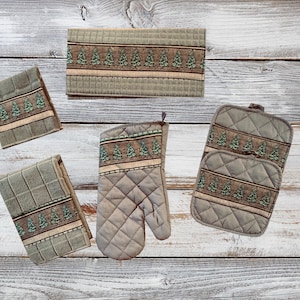 Complete Kitchen Set - Medium Brown with Pine Trees -Towel, Dish Cloth, Oven Mitt, Pot Holders, Dish Drying Mat-Sold as set & individually