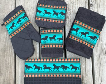 Complete Kitchen Set - Black with Running Horses on Turquoise Background - Towel, Wash Cloth, Pot Holders, Oven Mitt, Dish Dryer Mat