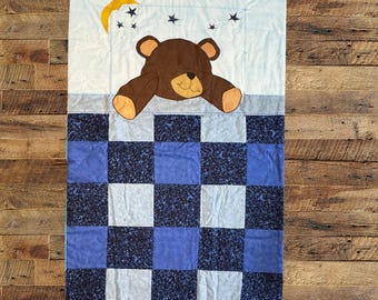 Bedtime for Bear Handmade Appliqued Baby Quilt, Crib Blanket