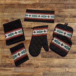 Komplettes Küchenset - Schwarz mit Türkis & Rost Navajo Design - Handtuch/Geschirrtuch/Ofenhandschuh/Topflappen/Geschirrtuch-Artikel separat erhältlich