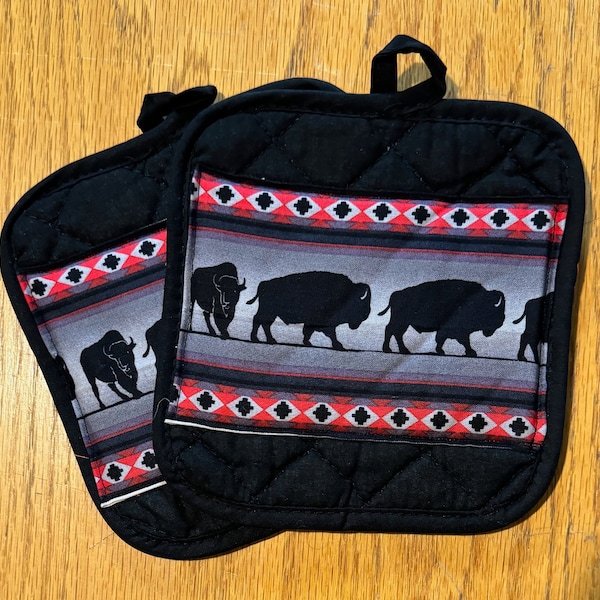 Kitchen Set - Black with Buffalo & Red Trim - Towel, Wash Cloth, Pot Holders, Oven Mitt, Dish Dryer Mat - Also Sold Separately