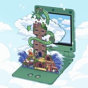 Puede incluir: Una consola Game Boy Advance SP verde con una ilustración 3D verde y marrón de un personaje Pokémon, una torre y otros personajes en la pantalla. La consola está abierta y la pantalla está encendida.