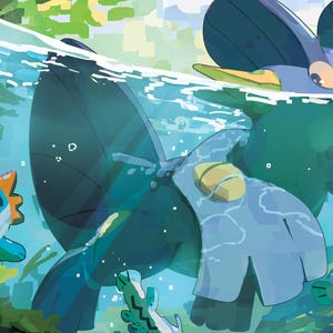 Puede incluir: Una ilustraci&oacute;n digital que muestra una gran criatura anfibia azul con aletas prominentes y una criatura m&aacute;s peque&ntilde;a de color verde azulado y naranja nadando en un entorno submarino verde con una letra C roja en la esquina inferior izquierda.