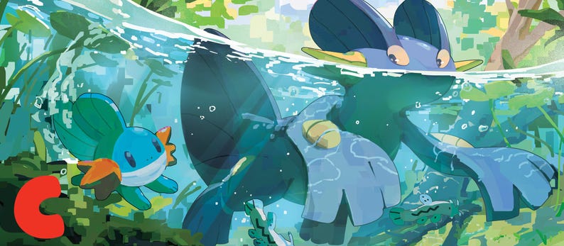 Puede incluir: Una ilustraci&oacute;n digital que muestra una gran criatura anfibia azul con aletas prominentes y una criatura m&aacute;s peque&ntilde;a de color verde azulado y naranja nadando en un entorno submarino verde con una letra C roja en la esquina inferior izquierda.