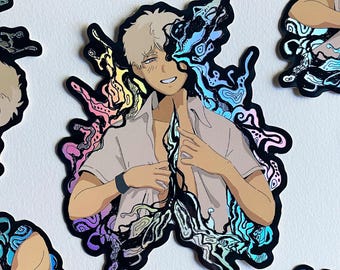 May include: A sticker featuring an anime-style illustration of a person with light hair and a tan shirt. The design includes holographic, swirling patterns in shades of blue, purple, and yellow. The person is smiling and opening their shirt.