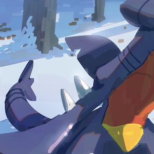 Puede incluir: Una ilustraci&oacute;n digital que muestra una criatura grande de color azul oscuro similar a un tibur&oacute;n con una marca amarilla en forma de estrella en la cabeza y vientre naranja, junto a una criatura m&aacute;s peque&ntilde;a de color azul claro en un paisaje nevado con una L roja.