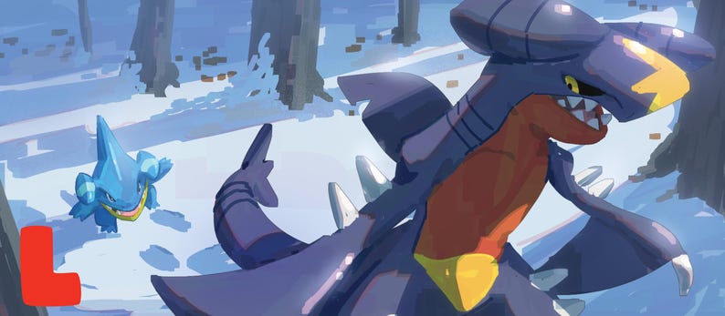 Puede incluir: Una ilustraci&oacute;n digital que muestra una criatura grande de color azul oscuro similar a un tibur&oacute;n con una marca amarilla en forma de estrella en la cabeza y vientre naranja, junto a una criatura m&aacute;s peque&ntilde;a de color azul claro en un paisaje nevado con una L roja.
