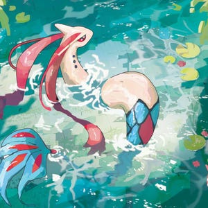 Puede incluir: Una ilustraci&oacute;n digital que muestra una criatura serpentina de cuerpo color crema, acentos rojos y cola con patr&oacute;n azul nadando en un estanque con nen&uacute;fares. Una letra E roja est&aacute; en la esquina inferior izquierda junto a una peque&ntilde;a criatura alada.