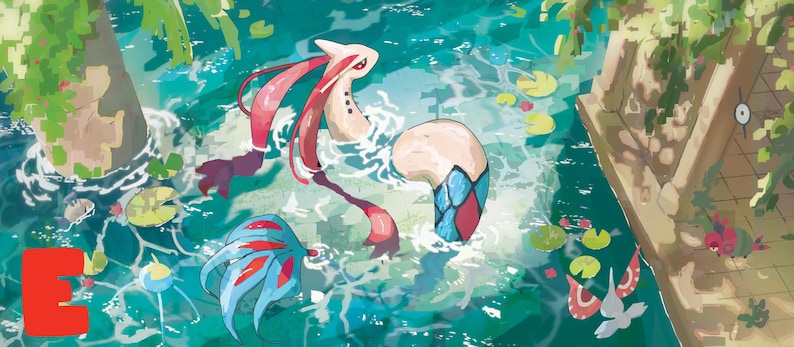 Puede incluir: Una ilustraci&oacute;n digital que muestra una criatura serpentina de cuerpo color crema, acentos rojos y cola con patr&oacute;n azul nadando en un estanque con nen&uacute;fares. Una letra E roja est&aacute; en la esquina inferior izquierda junto a una peque&ntilde;a criatura alada.