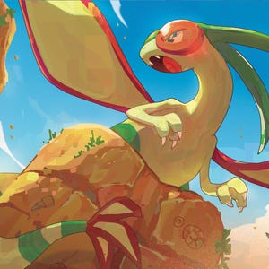 Puede incluir: Una ilustraci&oacute;n digital que muestra una criatura de color verde claro similar a un drag&oacute;n, con grandes ojos bordeados de rojo y largos ap&eacute;ndices verdes en la cabeza. Tiene alas anchas con bordes rojos y una cola a rayas, posada sobre una roca.