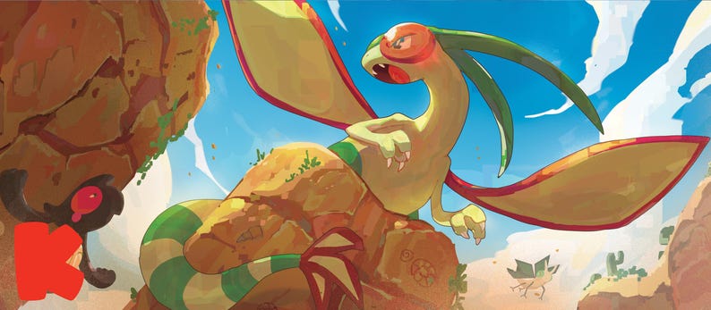 Puede incluir: Una ilustraci&oacute;n digital que muestra una criatura de color verde claro similar a un drag&oacute;n, con grandes ojos bordeados de rojo y largos ap&eacute;ndices verdes en la cabeza. Tiene alas anchas con bordes rojos y una cola a rayas, posada sobre una roca.