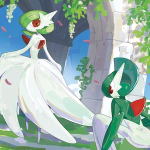 Puede incluir: Una ilustraci&oacute;n digital que muestra dos personajes Gardevoir en un entorno de arco de piedra. Uno est&aacute; de pie con una forma similar a un vestido blanco, mientras que el otro est&aacute; en cuclillas. Follaje verde cuelga de los arcos de piedra.