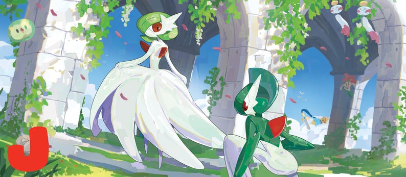 Puede incluir: Una ilustraci&oacute;n digital que muestra dos personajes Gardevoir en un entorno de arco de piedra. Uno est&aacute; de pie con una forma similar a un vestido blanco, mientras que el otro est&aacute; en cuclillas. Follaje verde cuelga de los arcos de piedra.