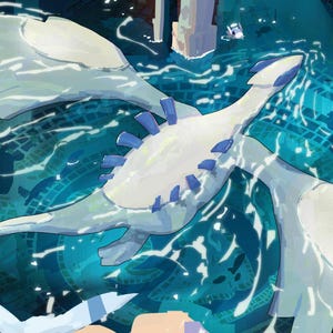 Puede incluir: Una ilustraci&oacute;n digital que muestra una gran criatura aviar blanca con detalles azules volando sobre una superficie de agua azul oscuro. Varias criaturas m&aacute;s peque&ntilde;as y aves blancas rodean la figura central. Una letra B roja grande es visible en la esquina.