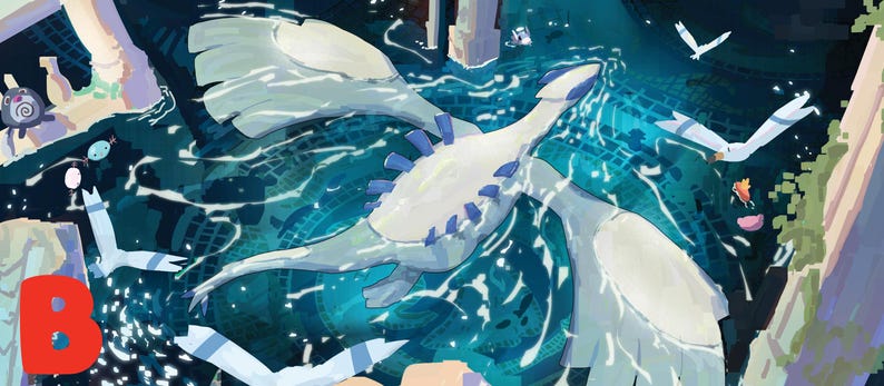 Puede incluir: Una ilustraci&oacute;n digital que muestra una gran criatura aviar blanca con detalles azules volando sobre una superficie de agua azul oscuro. Varias criaturas m&aacute;s peque&ntilde;as y aves blancas rodean la figura central. Una letra B roja grande es visible en la esquina.