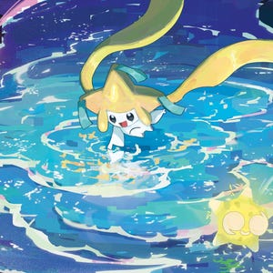 Puede incluir: Una ilustraci&oacute;n digital que presenta un personaje central con forma de estrella y largas cintas amarillas, de pie en un charco de agua azul arremolinada. Varias criaturas peque&ntilde;as y brillantes similares a estrellas rodean la figura y se ve una letra A roja grande.