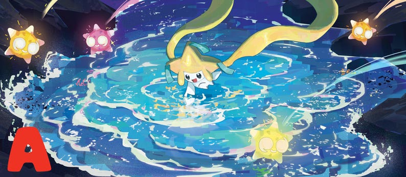 Puede incluir: Una ilustraci&oacute;n digital que presenta un personaje central con forma de estrella y largas cintas amarillas, de pie en un charco de agua azul arremolinada. Varias criaturas peque&ntilde;as y brillantes similares a estrellas rodean la figura y se ve una letra A roja grande.
