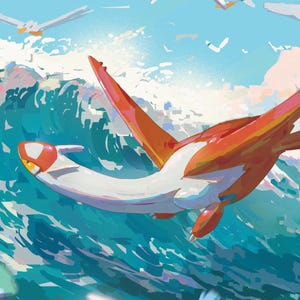Puede incluir: Una ilustraci&oacute;n digital que muestra una gran criatura naranja y blanca con alas volando sobre una ola azul que rompe. Varios p&aacute;jaros blancos vuelan en el cielo y dos peces naranjas nadan en el agua. Una letra G roja se encuentra en la esquina inferior izquierda.