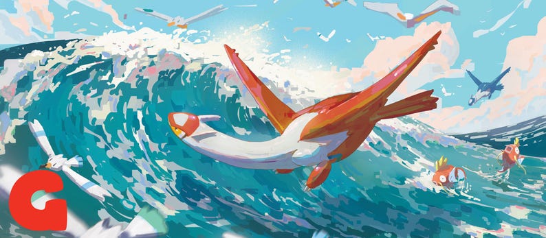 Puede incluir: Una ilustraci&oacute;n digital que muestra una gran criatura naranja y blanca con alas volando sobre una ola azul que rompe. Varios p&aacute;jaros blancos vuelan en el cielo y dos peces naranjas nadan en el agua. Una letra G roja se encuentra en la esquina inferior izquierda.