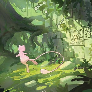 Puede incluir: Una ilustraci&oacute;n digital que muestra a una peque&ntilde;a criatura rosa con aspecto felino y una larga cola en un bosque verde y frondoso. Se observa un gran muro de piedra antiguo con el contorno tallado de la criatura, rodeado de ra&iacute;ces y enredaderas.