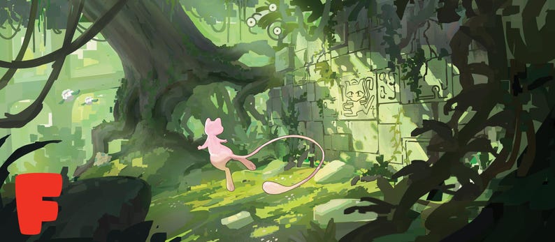 Puede incluir: Una ilustraci&oacute;n digital que muestra a una peque&ntilde;a criatura rosa con aspecto felino y una larga cola en un bosque verde y frondoso. Se observa un gran muro de piedra antiguo con el contorno tallado de la criatura, rodeado de ra&iacute;ces y enredaderas.