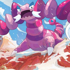 Puede incluir: Una ilustraci&oacute;n digital de una criatura segmentada de color p&uacute;rpura y rosa con grandes garras y colmillos blancos, sobre un paisaje des&eacute;rtico con formaciones rocosas rojas y un cielo azul. La letra M es visible en la esquina inferior izquierda.